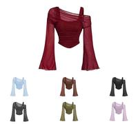 Generisch Langarmshirt Damen Sommer Elegant Netzoberteil mit Glockenärmeln Atmungsaktiv Slim Fit Y2K Crop Top Einfarbig Casual Streetwear Leichtes Oberteil(Red #1,L)