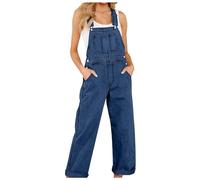 Generisch Latzhose Damen Weite Bein Jumpsuit Jeans-Latzhose Blau Jeans Damen Overall Loose Fit Baggy Playsuits Sommer Boho Strampler Ärmellos Riemchen Overalls Casual Adjustable Bib Pants