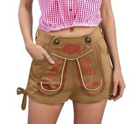 Generisch Lederhosen Damen, Trachtenhose Damen Kurze Lederhose Tracht Front Rot Stickerei Oktoberfest Outfit Ledershorts Hotpants Mit Tasche Trachtenjeans, Khaki, L