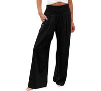 Generisch Leichte Sommerhose Damen Leinenhose Stoffhose Pumphose Palazzo Freizeithose Marlenehose Baggy Elegante High Waist Hose Boho Kleidung Sommer Leinen Strandhose Linen Pants Schwarz 3XL