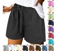 Generisch Leinen Shorts Damen Kurze Beach Sommerhose Elastischer Bund Breites Bein Kurzhose Casual Locker Hose mit Gürtel Mode Schmetterlingsgürtel
