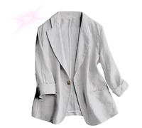 Generisch Leinenblazer Für Damen im Sommer,leichte, Leinenblazer 3/4-Ärmel Strickjacke Vorne Offen Kerbtasche Arbeit Business Casual Blazer (Weiß, X-Large)