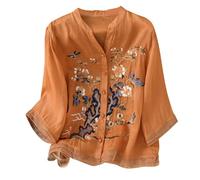 Generisch Leinenbluse Damen Baumwolle Bestickt Bluse Elegante Kurzarm Leinen Tshirt Leinenshirt Oversized Lässiges Musselin Oberteile Button Down Hemdbluse Tunika Top Sommer Leinenhemd Orange L