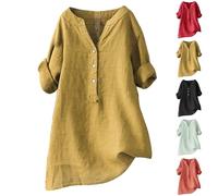 Generisch Leinenbluse Damen Kurzarm Longbluse Lang Musselin Bluse