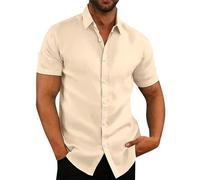 Generisch Leinenhemd Herren Kurzarm Baumwolle Sommerhemd Umlegekragen Sommer Hemden Männer Leinen Hemden Herren Button-Down Freizeithemd Casual Kurzarmhemd Sommer Outfit Khaki XL