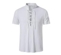 Generisch Leinenhemd Herren Kurzarm Freizeithemd Sommer Baumwolle Leinen Hemden Einfarbig Stehkragen Piratenhemd mit Kordelzug Mittelalter Vintage T-Shirt Piratenkostüm Männer