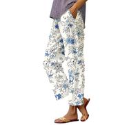 Generisch Leinenhose Damen Sommer Straight Leg Strandhose Elastisch Hohe Taille Sommerhose Blumen Druck Straighthose Leicht und Luftig Freizeithose Bequeme Baumwolle Musselin Hosen mit Taschen