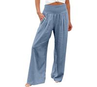 Generisch Leinenhose Damen Sommerhose Leichte Pumphose Freizeithose Palazzo Stoffhose Marlenehose Weite Baggy High Waist Hose Boho Kleidung Outdoor Leinen Strandhose Linen Pants Hellblau L