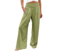 Generisch Leinenhose Damen Sommerhose Leichte Stoffhose Freizeithose Chino Pumphose Marlenehose Weite Sommer High Waist Hosen Boho Kleidung Elegante Leinen Strandhose Linen Pants Grün 3XL