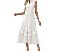 Generisch Leinenkleider Damen Sommer Ärmellos Leinen Schlicht Kleid Luftig Elegant Midi Länge Sommerkleid Lässig Sommerlich Fließend Chic Leicht Freizeitkleid