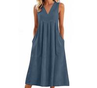 Generisch Leinenkleider Damen Sommer V-Ausschnitt Ärmellos Musselin Kleid | Sommerkleider Damen Leicht und Luftig Baumwolle Leinen Trägerkleid Casual Einfarbig Sommerkleid Midi Strandkleid mit Taschen