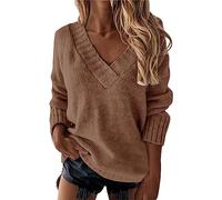 Generisch Long Pullover Damen Langarm, Merino Pullover Damen, Pulli Jumpers Oversize V-Ausschnitt Langarm Winter Winterpullover Elegant Oberteil Oversize Strickpullover Kuschelpullover Sweater