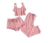 Generisch Loungewear Damen Set Lässig Träger Top Kurze Hose Lange Hose Einfarbig Figurbetont Set T-Shirt und Hose Set Atmungsaktiv Bequem Weich Leicht Hausanzug