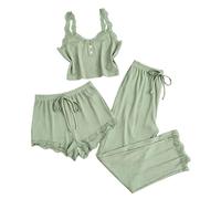 Generisch Loungewear Damen Set Lässig Träger Top Kurze Hose Lange Hose Einfarbig Figurbetont Set T-Shirt und Hose Set Atmungsaktiv Bequem Weich Leicht Hausanzug