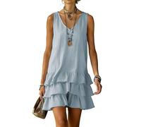 Generisch Luftiges Sommerkleid Damen, Lockeres Leinenkleid Ärmellos mit V-Ausschnitt, Weiches Baumwollkleid im Boho Stil, Feminines Strandkleid Minikleid für Urlaub Freizeit