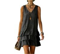 Generisch Luftiges Sommerkleid Damen, Lockeres Leinenkleid Ärmellos mit V-Ausschnitt, Weiches Baumwollkleid im Boho Stil, Feminines Strandkleid Minikleid für Urlaub Freizeit