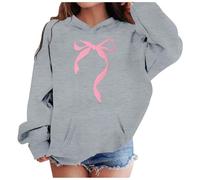 Generisch Mädchen Kapuzenpullover Warm, Schleife Druck Hoodie Mit Taschen Langarm Baggy Sweatshirt Mit Kapuze Y2K Streetwear Winter Baumwolle Sweatshirts Sport Langarmshirt Grau 8 Jahre