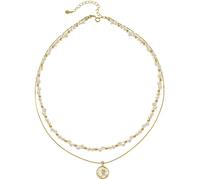 Generisch Mehrreihige Halskette für Damen, goldene Perlenkette mit doppeltem Rosenanhänger, Emaille-Detail, elegant und verstellbar, 15,7 Zoll + 2 Zoll Länge, Schmuck-Geschenkbox inklusive