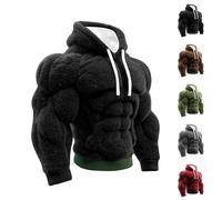 Generisch Men's Vintage Muscle Line Art Flannel Warm Hooded Sweatshirt, 3D Printing Street Style Muscle Line Fuzzy Cotton Blend Hoodie