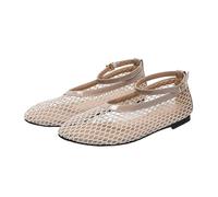 Generisch Mesh-Ballerinas Für Damen, Gewebte Ausgehöhlte Lässige Flache Schuhe mit Riemen, Runde Zehen Breite Elegante Sommer-Pantoletten Atmungsaktiv Leicht Balerinaschuhe Tägliches Kleid Khaki 42