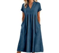 Generisch Midikleid Damen Sommer, Sommerkleider Damen Leicht Und Luftig, Lässiges Sommerkleid Locker Geschnittenes Cocktailkleid Mit V Ausschnitt Und Taschen FließEndes Maxikleid FüR Den Strandurlaub