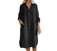 Generisch Midikleid Damen Sommer, Strandkleid Damen, Lässiges Sommer Leinenhemdkleid LangäRmelig Vorne Offen Tunika ÜBerwurf Locker Geschnittenes Maxikleid Mit Taschen