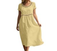 Generisch Midikleid Damen Sommer, Strandkleid Damen, Sommerliches Freizeitkleid Kurzarm Rundhalsausschnitt Einfarbig Mit Floralem Besatz Fließendes Midikleid