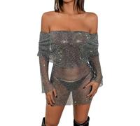 Generisch Minikleid Damen Glitzer Sexy Paillettenkleid Schulterfrei Durchsichtig Mesh Kleid Fischnetz Partykleid Langarm Strass Bikini Cover Up Kleid Strandkleid Nachtkleid Clubwear