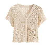 Generisch Modische Oberteile in Übergröße für den Sommer stylische Strickjacke Spitzenstrick kurzärmelig leichtes Oberteil mit offener Vorderseite für den Alltag (Beige XL)