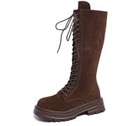 Generisch Modische Wildlederstiefel mit mittlerer Wade, klobige Plateaustiefeletten mit Schnürung, Bequeme, lässige Winterstiefel (Brown, 38)