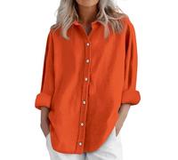 Generisch Musselin Bluse Damen Langarm Elegant Leicht Oversize Lässiges Hemd Sommer Oberteile V-Ausschnitt Casual Button Down Oberteile Blusenshirt Hemdbluse Tuniken Einfarbig Tops, Orange, L