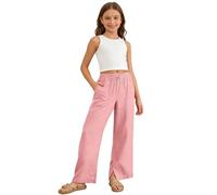 Generisch Musselin Hose Kinder Weite Hose Mädchen Hohe Taille Elastische Paperbag Freizeithose Kinder Einfarbige Lange Hose mit Taschen Leinenhose Trainingshose Sweatpants Sommerhose