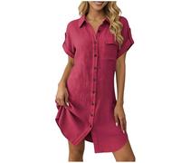 Generisch Musselin Kleid Damen Sommerkleid Blusenkleid Kurzarm Lockeres Shirtkleid Hemdblusenkleid aus Baumwolle mit Knopfleiste, Luftig Freizeitmode für Strand, Urlaub und Alltag Casual