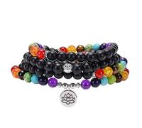 Generisch Natürliche 108 Mala-Perlen-Armband-Halskette für Damen und Herren,Mattiertes Onyx-Armband,Lange Wickelkette,7 Chakra-Schmuck Mit Yoga-Charme,89 Cm/35,5 Zoll Lotus-Anhänger