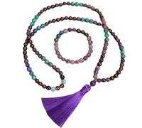 Generisch Natürliches 108 Mala-Gebetsperlen-Armband Mit Halskette Für Damen Und Herren, Amethyst/Granat/Lapislazuli, Wickelarmband, Lange Halskette, 7 Chakra-Schmuck Mit Yoga-Charm-Bracelet+Necklace