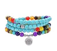 Generisch Natürliches Armband Mit 108 Mala-Perlen für Damen und Herren,Türkisfarbenes Wickelarmband,Lange Halskette,Chakra-Meditationsschmuck Mit Yoga-Anhänger,89 Cm/35,5 Zoll,Lotus-Anhänger