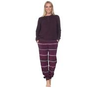 Generisch Normann Damen Frottee Pyjama, Rundhals mit Knopflieste, Uni Oberteil, Gestreifte Hose, Übergrößen, 74700 (DE/NL/SE/PL, Alphanumerisch, XXL, Regular, Regular, Beere)