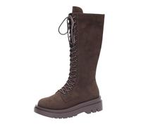 Generisch Overknees Stiefel Damen Langschaft Boots Schnürstiefel mit Blockabsatz - Kniehohe Stiefel Hoch Winterstiefel aus Wildleder Weitem Schaft Schneestiefel Freizeit Bequeme Kniestiefel