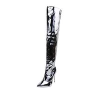 Generisch Overknees Stiefel Damen Shark Boots, einfarbig, helles, Seitenreißverschluss, dünne, hochhackige Overknee-Stiefel (Silver, 42)