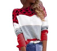 Generisch Oversize Pullover Damen, Pullover Damen, Leopard Strickpullover Langarm Rundhals Sweater Patchwork Sweatshirt Herbst Winter Elegant Pulli Warme Lose Blusen Oberteile Tops,S-3XL