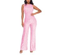 Generisch Pailletten Jumpsuit Damen Elegant Ärmellos Rundhal Hohe Taille Cocktail Party Festlich Overalls Hosenanzug Playsuit Casual Einfarbi Lang Romper Sexy Onesie Playsuit