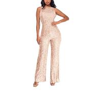 Generisch Pailletten Jumpsuit Damen Elegant Ärmellos Rundhal Hohe Taille Cocktail Party Festlich Overalls Hosenanzug Playsuit Casual Einfarbi Lang Romper Sexy Onesie Playsuit