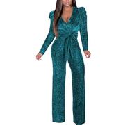 Generisch Pailletten Jumpsuit Damen V-Ausschnitt Overall Stilvolles Design Catsuit Weitem Bein Langarmbody Perfekt Abendgarderobe und Feiern Einteiler Mode Bodysuit