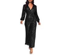 Generisch Pailletten Overall Damen Glitzer Jumpsuit mit Gürtel Eleganter Hosenanzug Lange Ärmel Playsuit Casual Romper Hohe Taille Einteiler V Ausschnitt Bodysuit Festlich Outfit