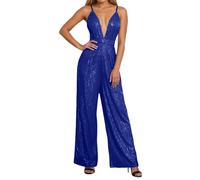 Generisch Pailletten Overall Damen Glitzer Jumpsuit Tiefer V-Ausschnitt Strampler Weites Bein Hosenanzug Hohe Taille Bodysuit Elegant Playsuit Ärmellos Onesie Freizeitanzug