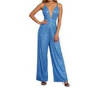 Generisch Pailletten Overall Damen Glitzer Jumpsuit Tiefer V-Ausschnitt Strampler Weites Bein Hosenanzug Hohe Taille Bodysuit Elegant Playsuit Ärmellos Onesie Freizeitanzug