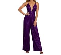 Generisch Pailletten Overall Damen Glitzer Jumpsuit Tiefer V-Ausschnitt Strampler Weites Bein Hosenanzug Hohe Taille Bodysuit Elegant Playsuit Ärmellos Onesie Freizeitanzug