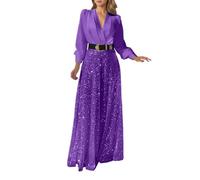 Generisch Pailletten Overall Damen Glitzer Jumpsuit Weites Bein Hosenanzug Eleganter Playsuit mit Gürtel Casual Romper V-Ausschnitt Einteiler Abendoverall Cocktailkleider Clubkleider