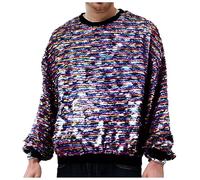Generisch Pailletten Sweatshirt Herren Langarm Hoodie Pullover Ohne Kapuze Modisch Glitzer Karneval Hoody O-Ausschnitt Sport Pulli Streetwear Metallic Sequin Hooded Sweatshirts