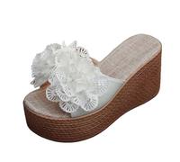 Generisch Pantoletten Damen Keilabsatz Sandalen mit Blumenmuster Elegant Sommer Boho Plateau Schlappen Keilsandalen Schlappen Frauen Slipper für Strand Freizeit Weiß 40